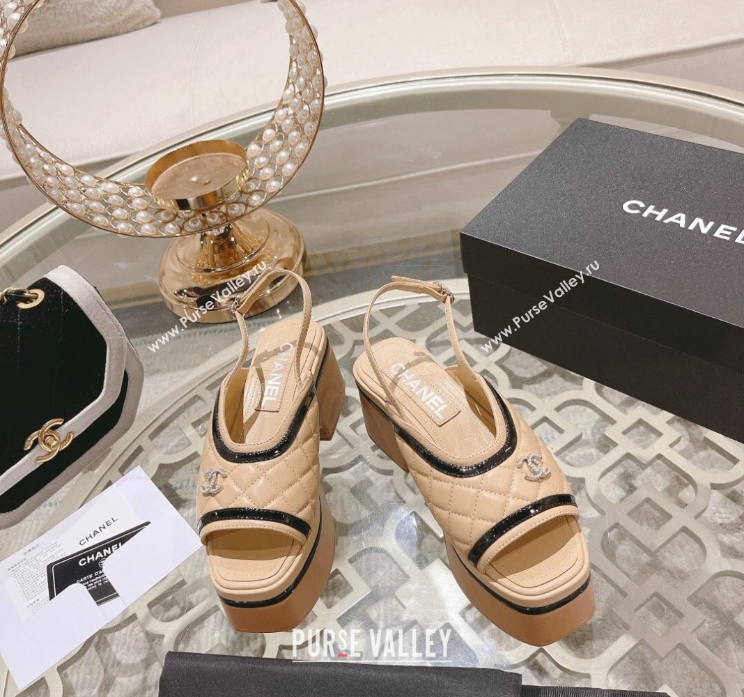 Chanel Quilted Calfskin Platform Sandals 7.5cm Beige 2024 0126 (MD-240126108)