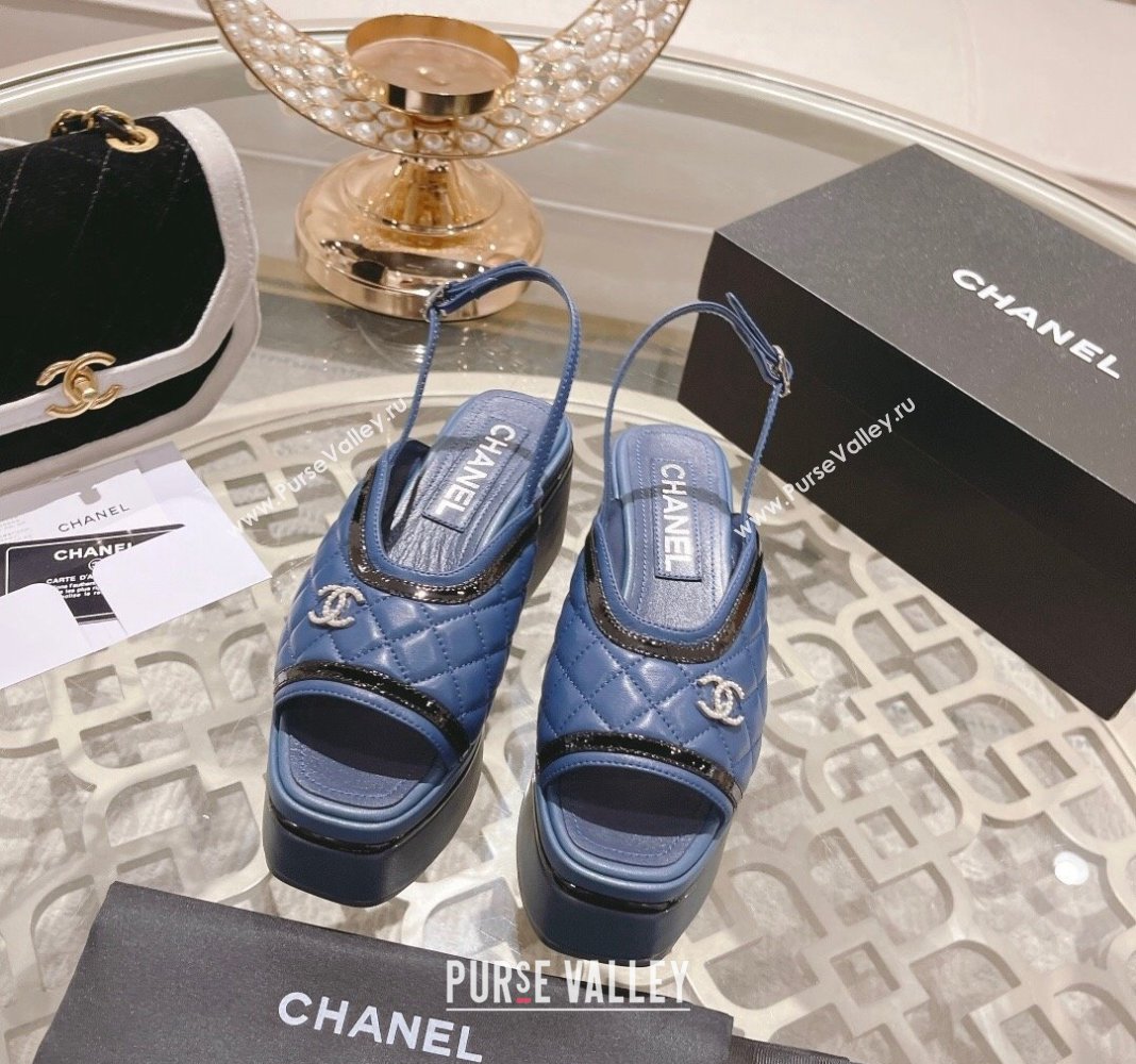 Chanel Quilted Calfskin Platform Sandals 7.5cm Blue 2024 0126 (MD-240126113)