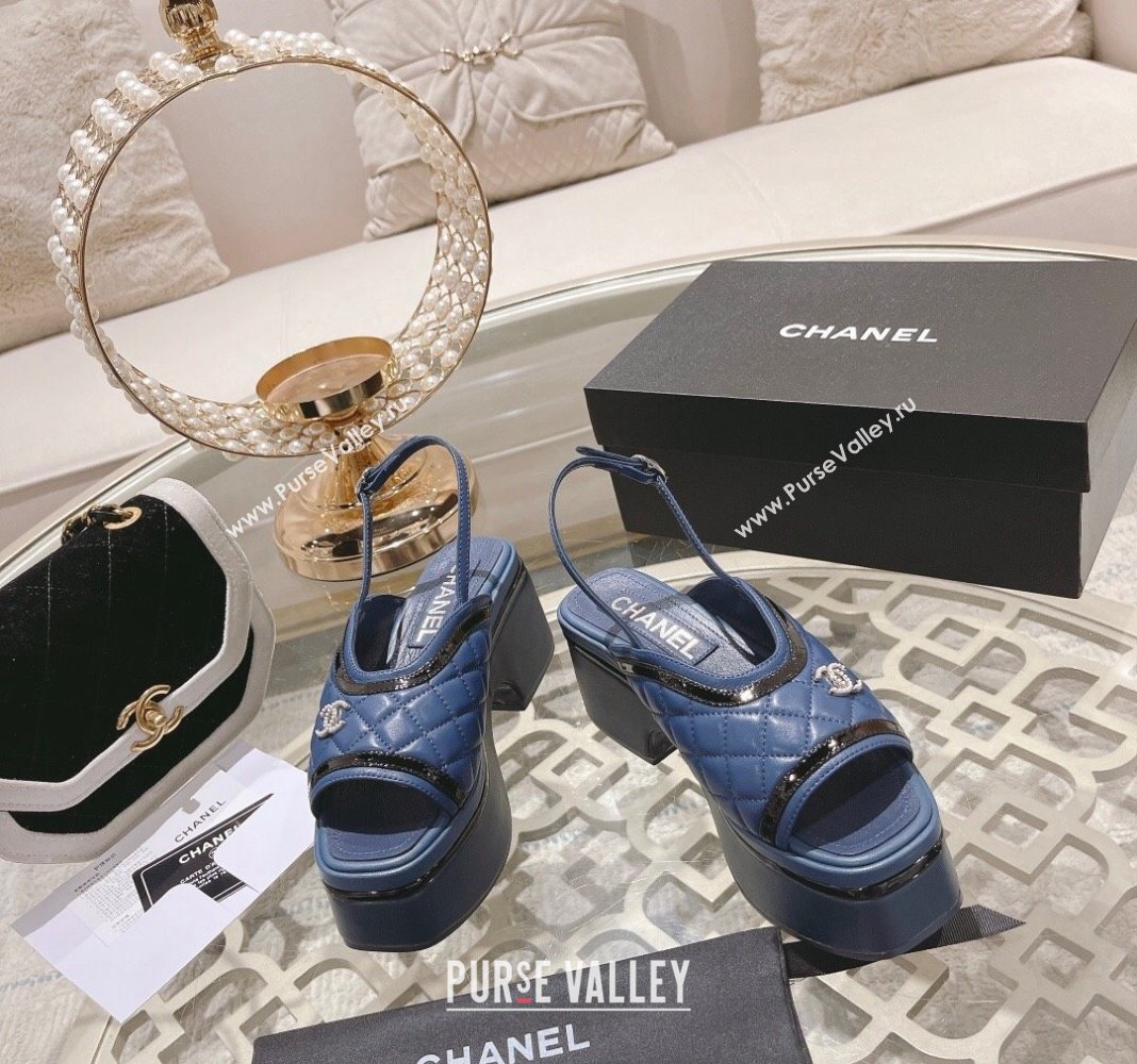 Chanel Quilted Calfskin Platform Sandals 7.5cm Blue 2024 0126 (MD-240126113)