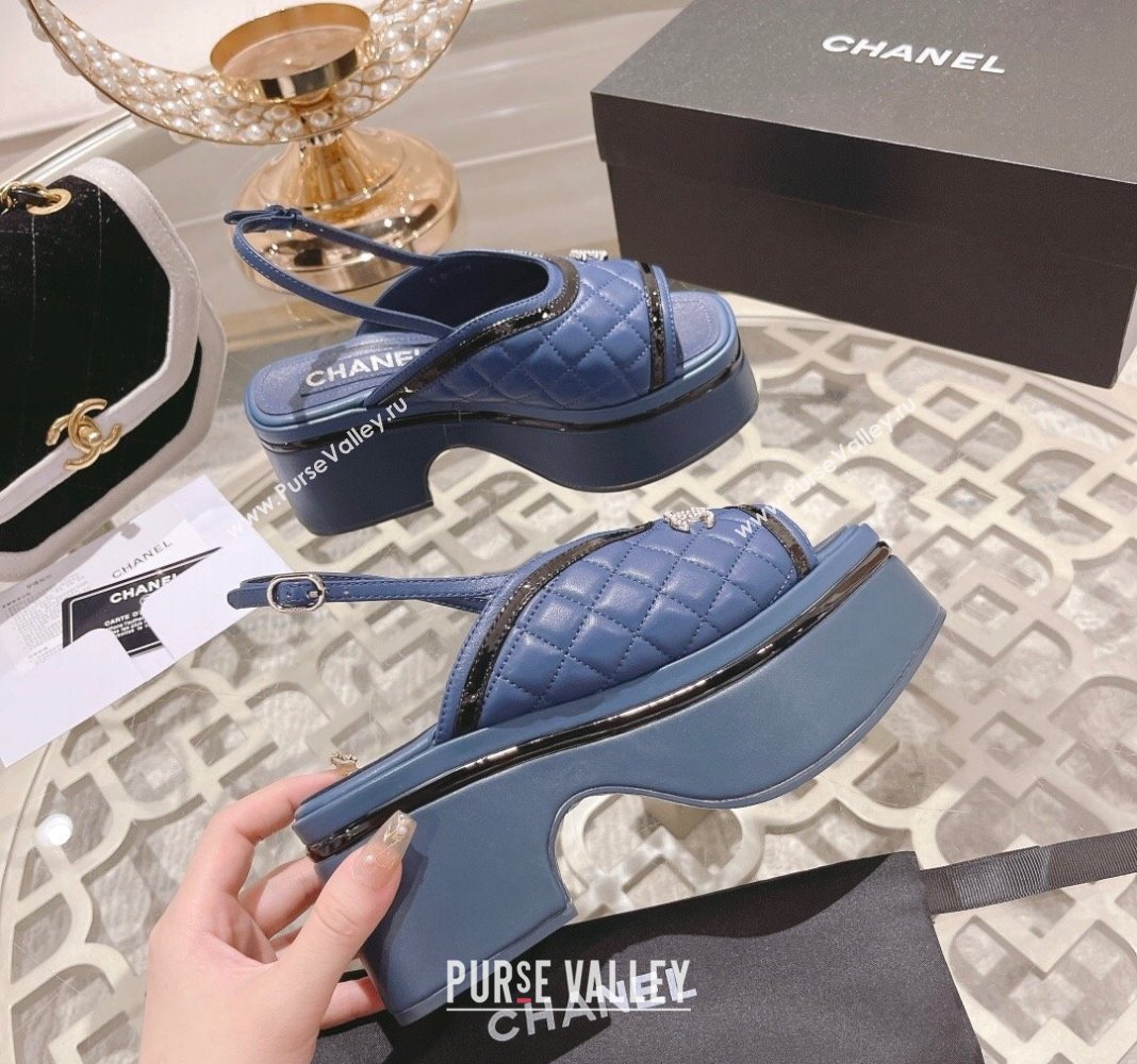 Chanel Quilted Calfskin Platform Sandals 7.5cm Blue 2024 0126 (MD-240126113)