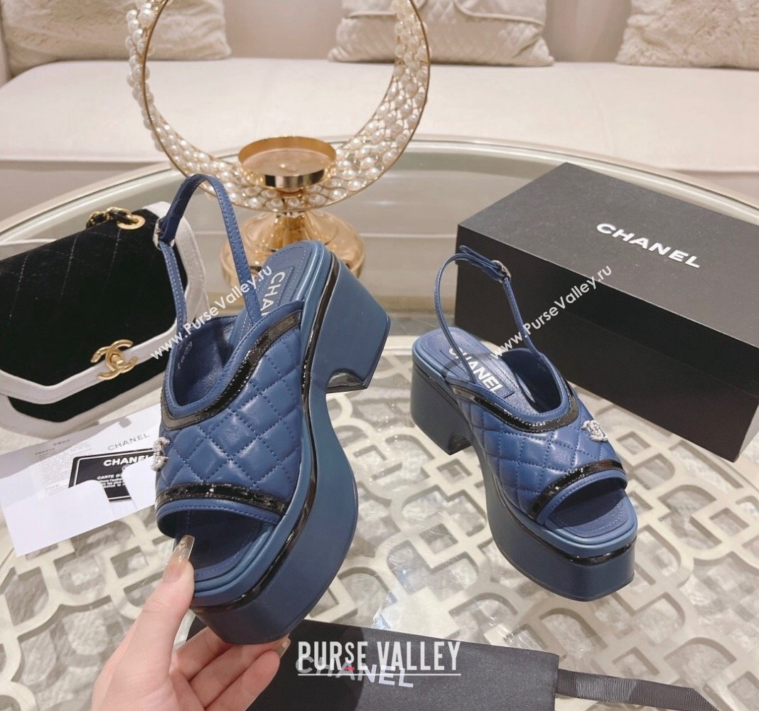 Chanel Quilted Calfskin Platform Sandals 7.5cm Blue 2024 0126 (MD-240126113)