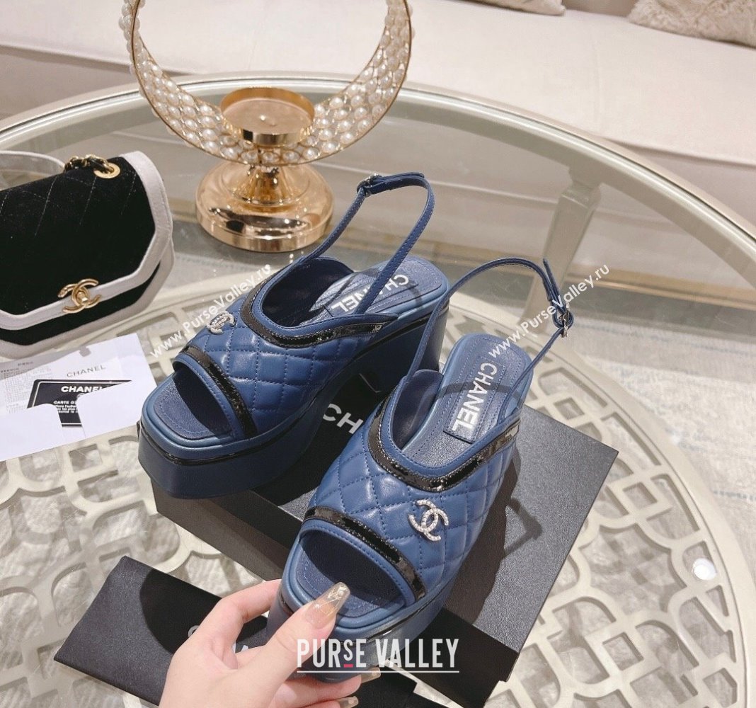 Chanel Quilted Calfskin Platform Sandals 7.5cm Blue 2024 0126 (MD-240126113)