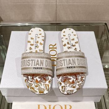 Dior Dway Flat Slide Sandals in White and Gold-Tone Butterfly Zodiac Embroidery 2024 0126 (MD-240126009)