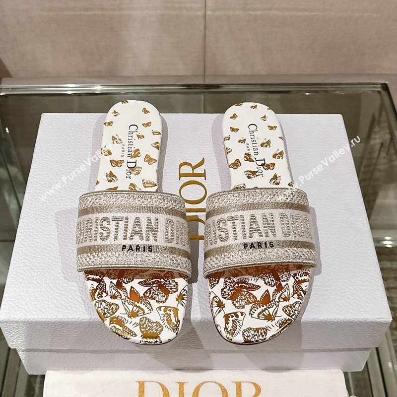 Dior Dway Flat Slide Sandals in White and Gold-Tone Butterfly Zodiac Embroidery 2024 0126 (MD-240126009)