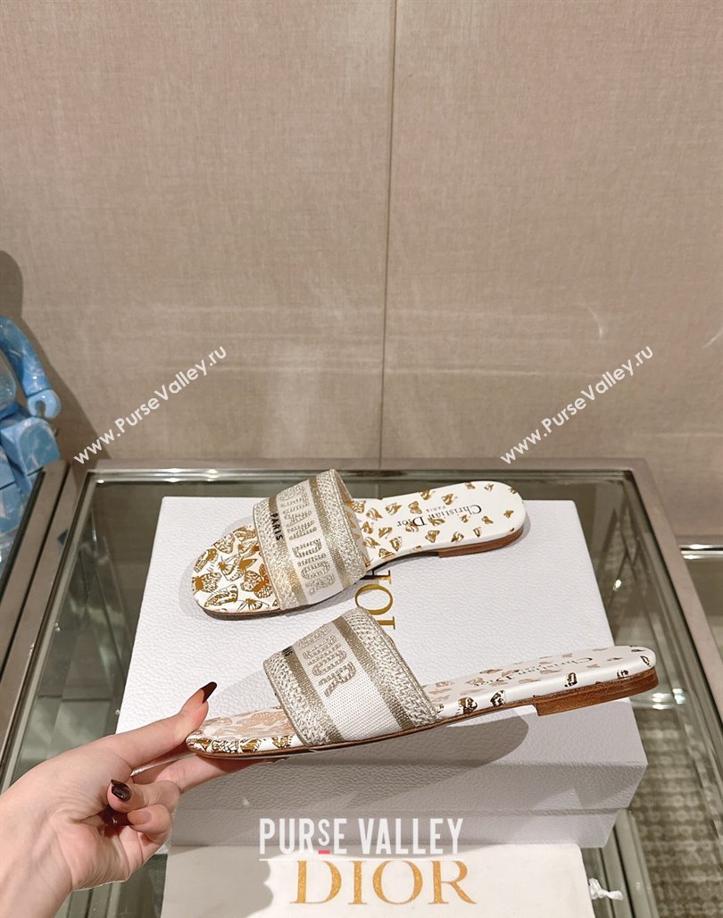 Dior Dway Flat Slide Sandals in White and Gold-Tone Butterfly Zodiac Embroidery 2024 0126 (MD-240126009)