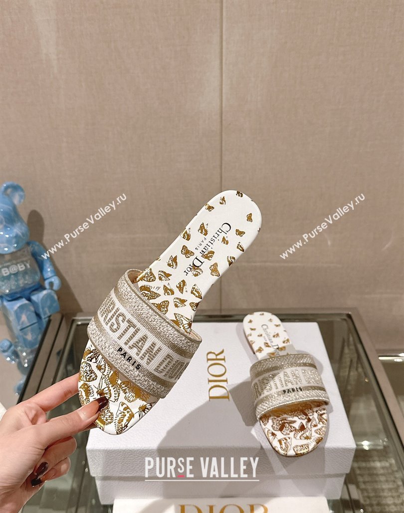 Dior Dway Flat Slide Sandals in White and Gold-Tone Butterfly Zodiac Embroidery 2024 0126 (MD-240126009)