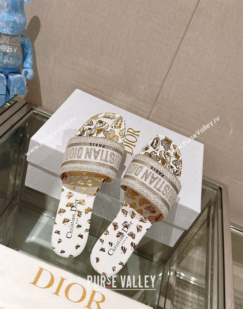 Dior Dway Flat Slide Sandals in White and Gold-Tone Butterfly Zodiac Embroidery 2024 0126 (MD-240126009)