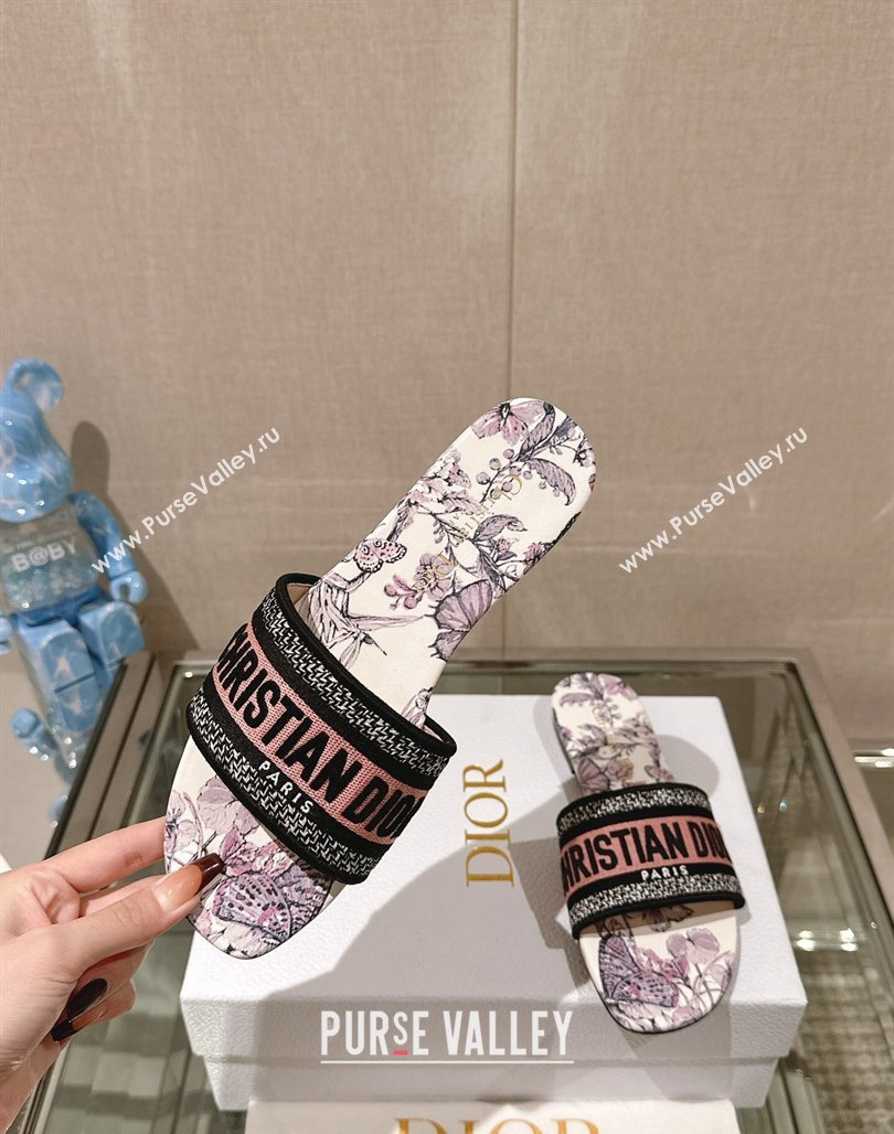 Dior Dway Flat Slide Sandals in Pink Multicolor Embroidered Cotton with Toile de Jouy Mexico Motif 2024 0126 (MD-240126011)