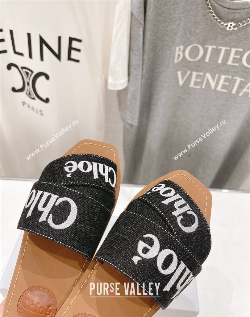 Chloe Woody Flat Slide Sandals with Embroidered Strap Denim Black/White 1 2024 (MD-240227119)