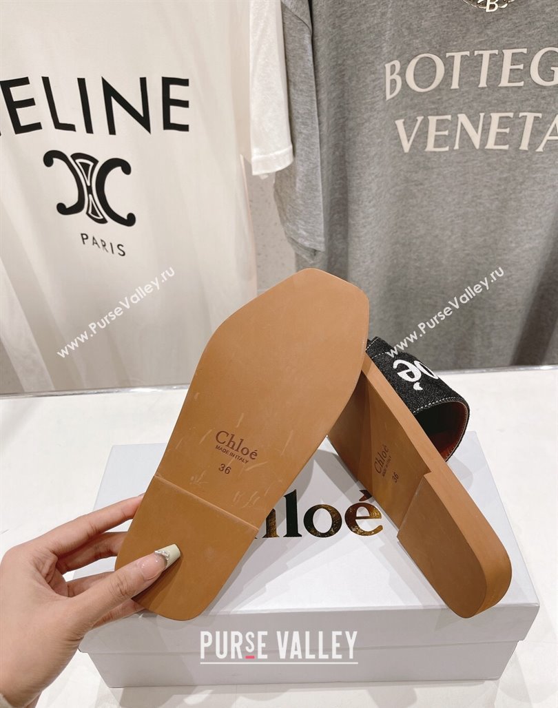 Chloe Woody Flat Slide Sandals with Embroidered Strap Denim Black/White 1 2024 (MD-240227119)