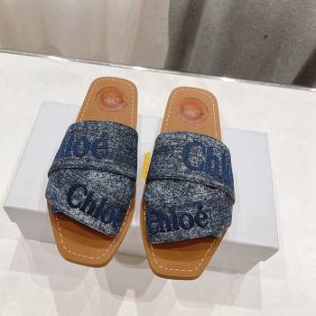 Chloe Woody Flat Slide Sandals with Embroidered Strap Washed Denim Blue 3 2024 (MD-240227120)