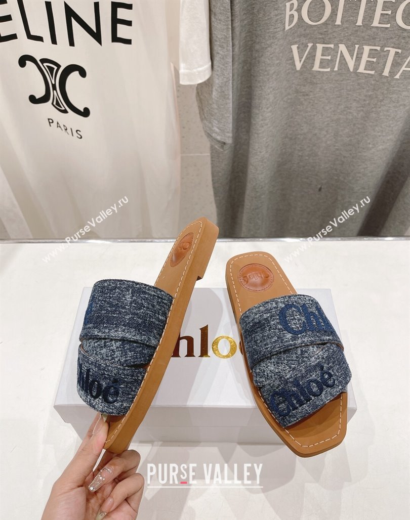 Chloe Woody Flat Slide Sandals with Embroidered Strap Washed Denim Blue 3 2024 (MD-240227120)