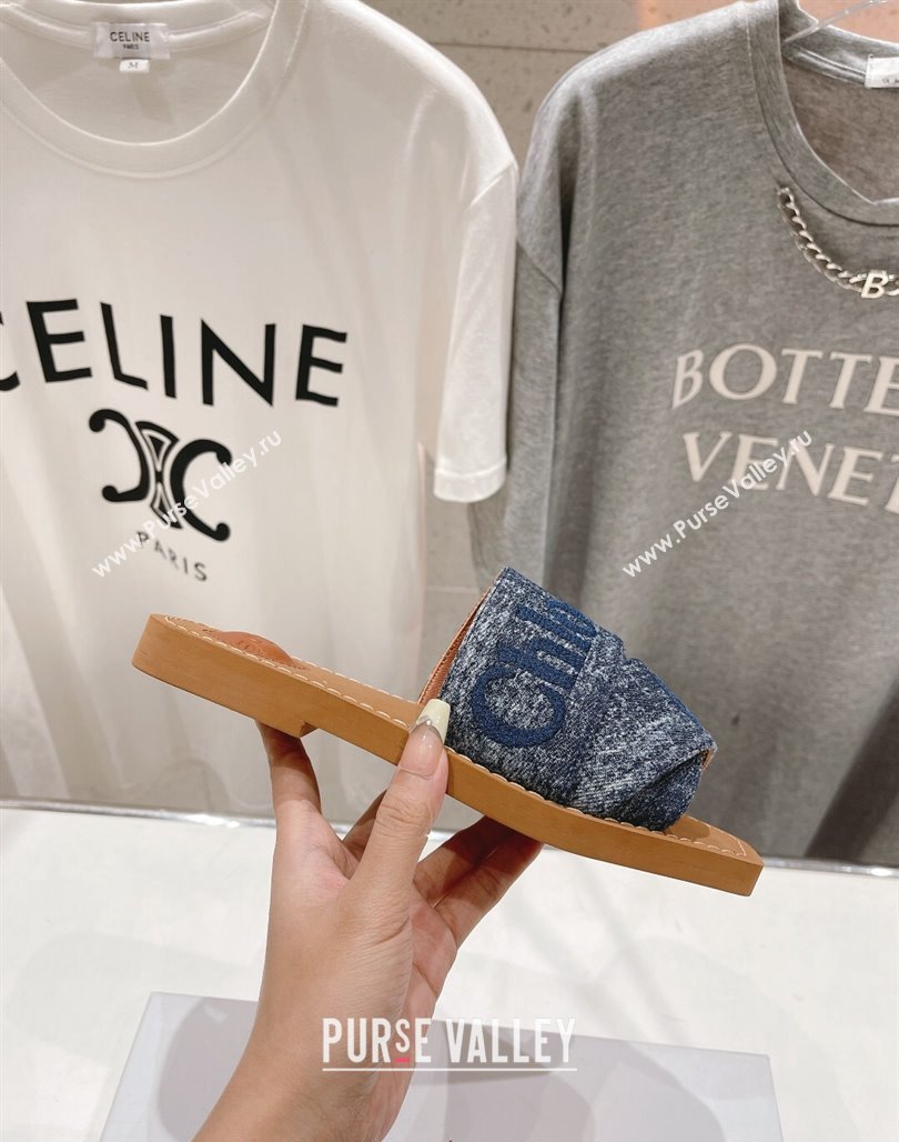 Chloe Woody Flat Slide Sandals with Embroidered Strap Washed Denim Blue 3 2024 (MD-240227120)