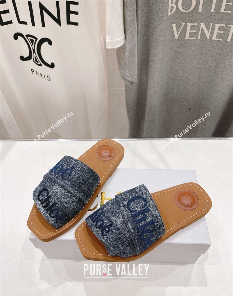 Chloe Woody Flat Slide Sandals with Embroidered Strap Washed Denim Blue 3 2024 (MD-240227120)