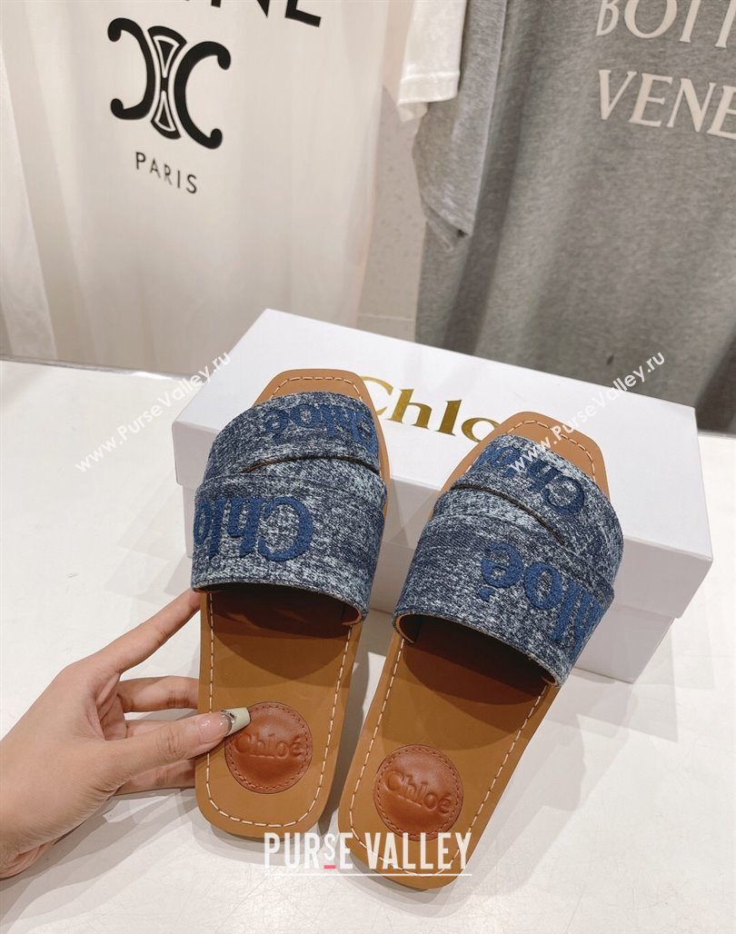Chloe Woody Flat Slide Sandals with Embroidered Strap Washed Denim Blue 3 2024 (MD-240227120)