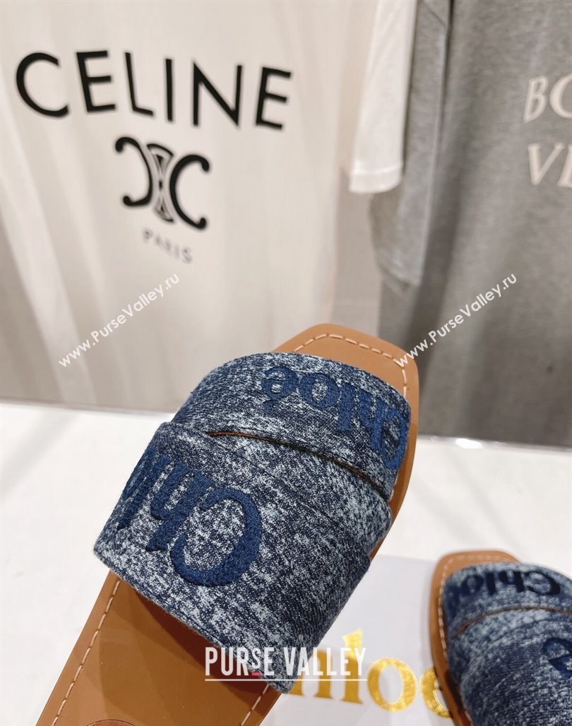 Chloe Woody Flat Slide Sandals with Embroidered Strap Washed Denim Blue 3 2024 (MD-240227120)