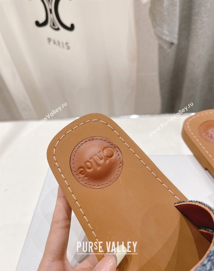 Chloe Woody Flat Slide Sandals with Embroidered Strap Washed Denim Blue 3 2024 (MD-240227120)