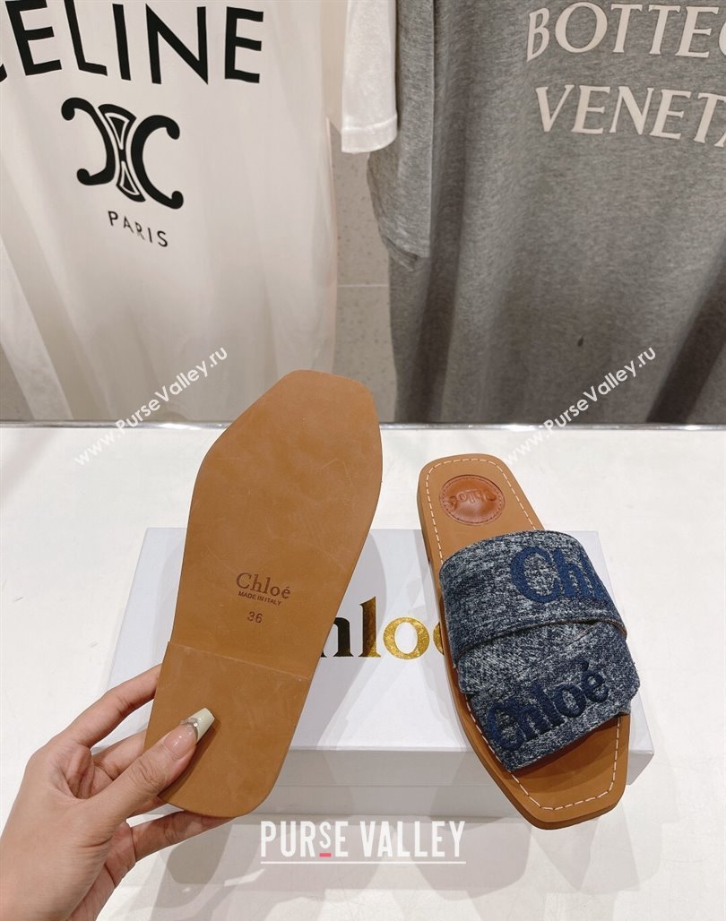 Chloe Woody Flat Slide Sandals with Embroidered Strap Washed Denim Blue 3 2024 (MD-240227120)