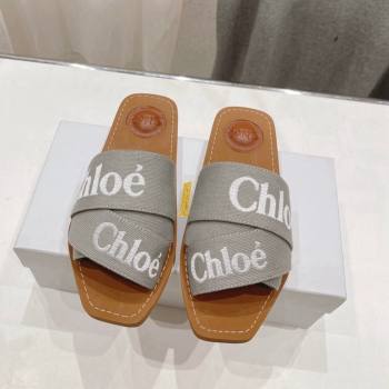 Chloe Woody Flat Slide Sandals with Embroidered Strap Denim Grey/White 2024 (MD-240227121)
