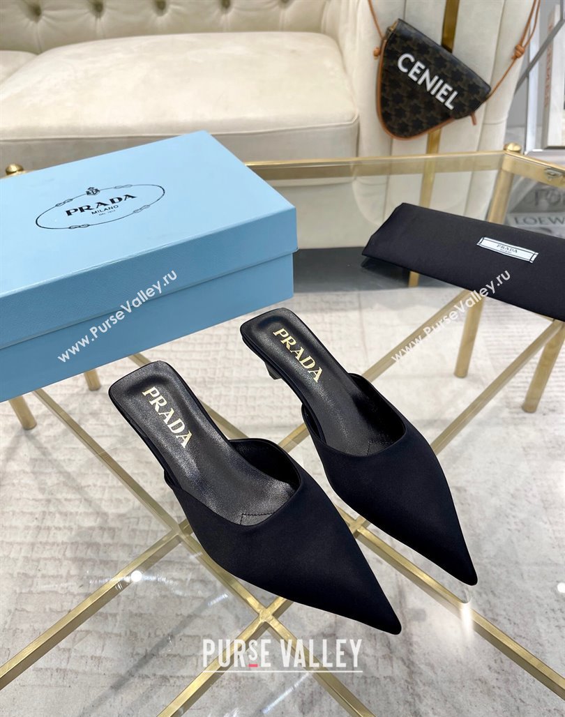 Prada Satin Pointed Mules 3.5cm Black 2024 0228 (MD-240228066)