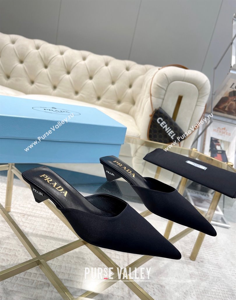 Prada Satin Pointed Mules 3.5cm Black 2024 0228 (MD-240228066)