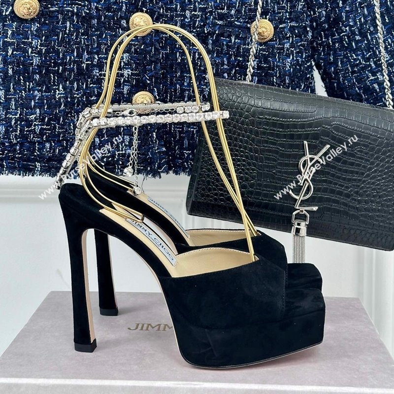 Jimmy Choo Saeda Sandal Platform 12.5cm in Suede with Crystals Ankle Strap Black 2024 (MD-240227102)