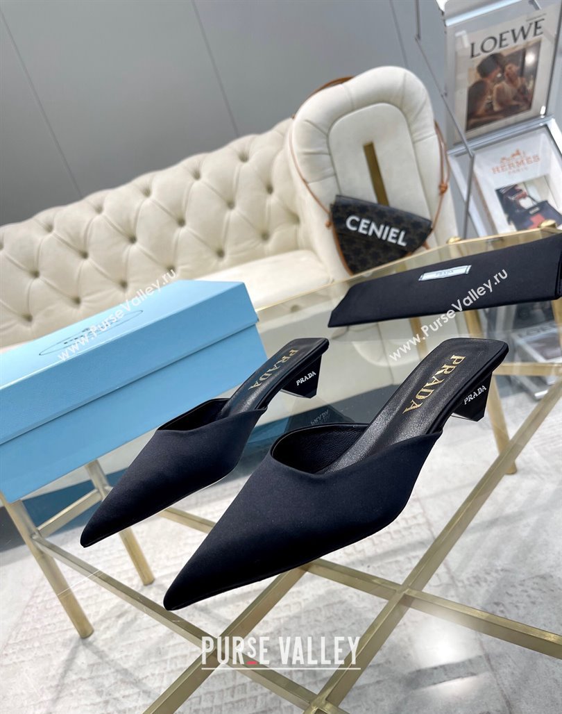 Prada Satin Pointed Mules 3.5cm Black 2024 0228 (MD-240228066)