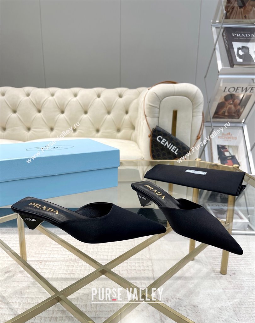 Prada Satin Pointed Mules 3.5cm Black 2024 0228 (MD-240228066)