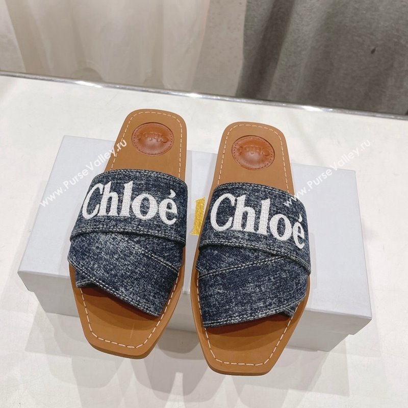 Chloe Woody Flat Slide Sandals with Embroidered Strap Washed Denim Blue/White 2024 (MD-240227122)