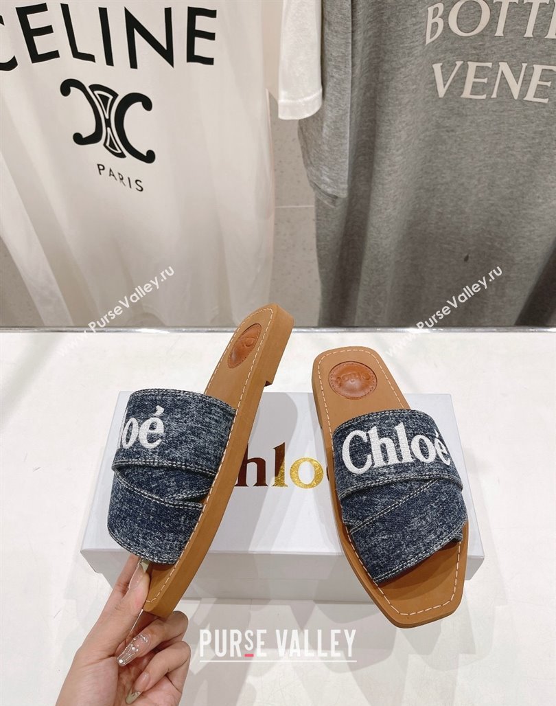 Chloe Woody Flat Slide Sandals with Embroidered Strap Washed Denim Blue/White 2024 (MD-240227122)