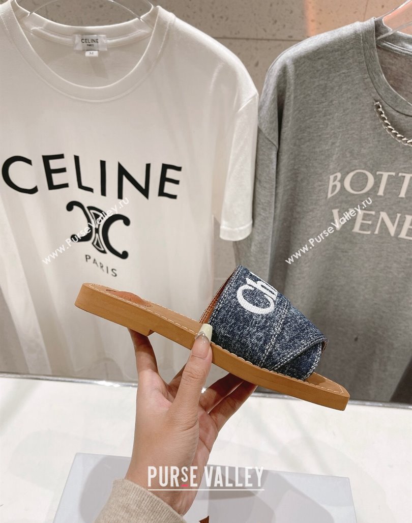 Chloe Woody Flat Slide Sandals with Embroidered Strap Washed Denim Blue/White 2024 (MD-240227122)