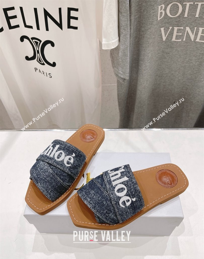 Chloe Woody Flat Slide Sandals with Embroidered Strap Washed Denim Blue/White 2024 (MD-240227122)