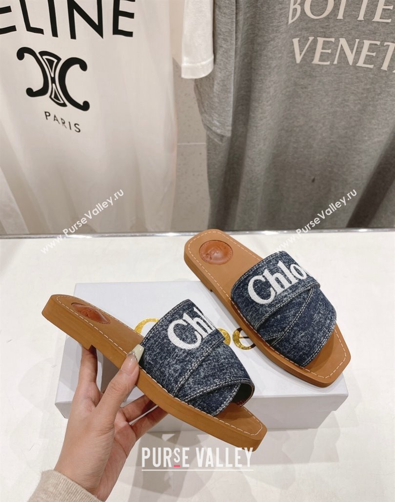 Chloe Woody Flat Slide Sandals with Embroidered Strap Washed Denim Blue/White 2024 (MD-240227122)