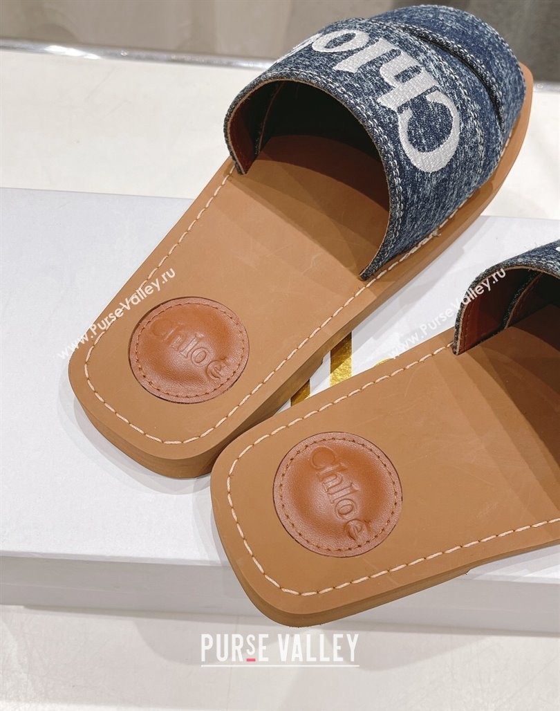 Chloe Woody Flat Slide Sandals with Embroidered Strap Washed Denim Blue/White 2024 (MD-240227122)