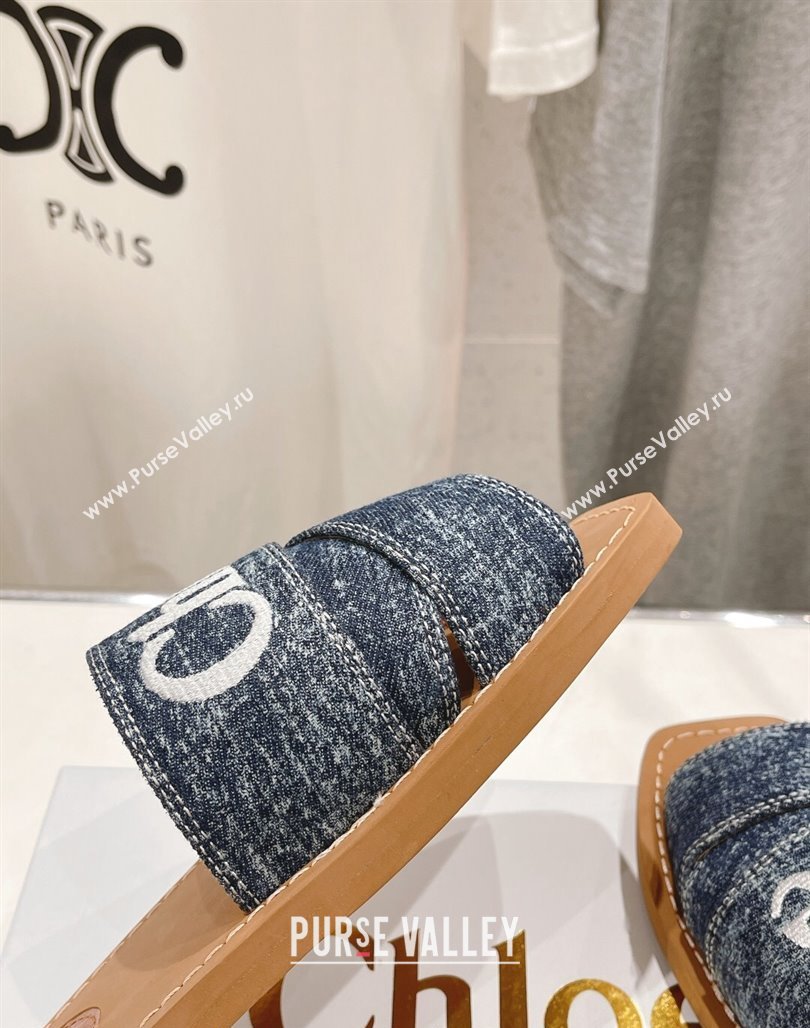 Chloe Woody Flat Slide Sandals with Embroidered Strap Washed Denim Blue/White 2024 (MD-240227122)