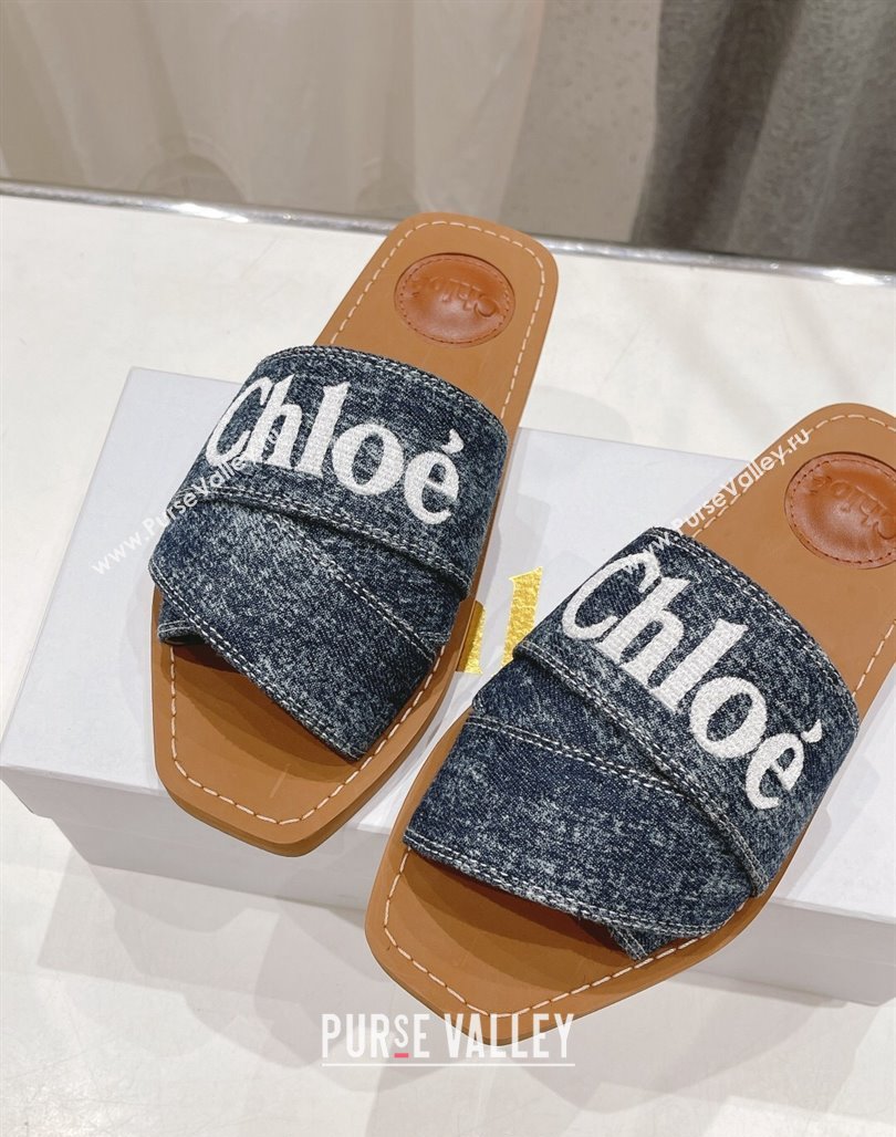 Chloe Woody Flat Slide Sandals with Embroidered Strap Washed Denim Blue/White 2024 (MD-240227122)