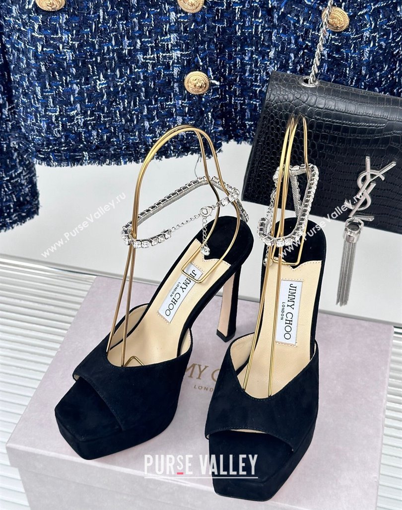 Jimmy Choo Saeda Sandal Platform 12.5cm in Suede with Crystals Ankle Strap Black 2024 (MD-240227102)