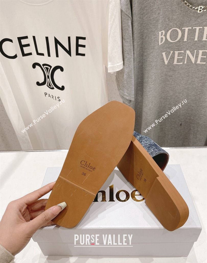 Chloe Woody Flat Slide Sandals with Embroidered Strap Washed Denim Blue/White 2024 (MD-240227122)