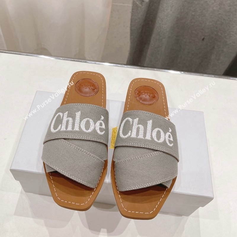 Chloe Woody Flat Slide Sandals with Embroidered Strap Denim Grey 2 2024 (MD-240227123)