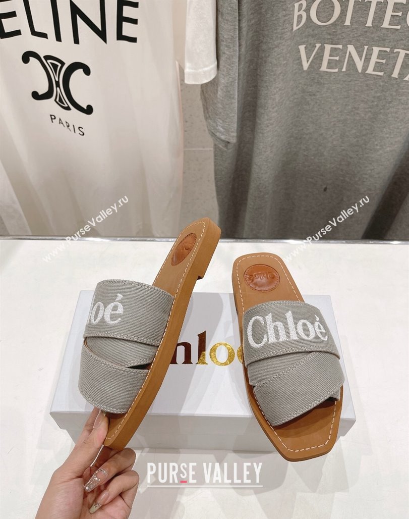 Chloe Woody Flat Slide Sandals with Embroidered Strap Denim Grey 2 2024 (MD-240227123)
