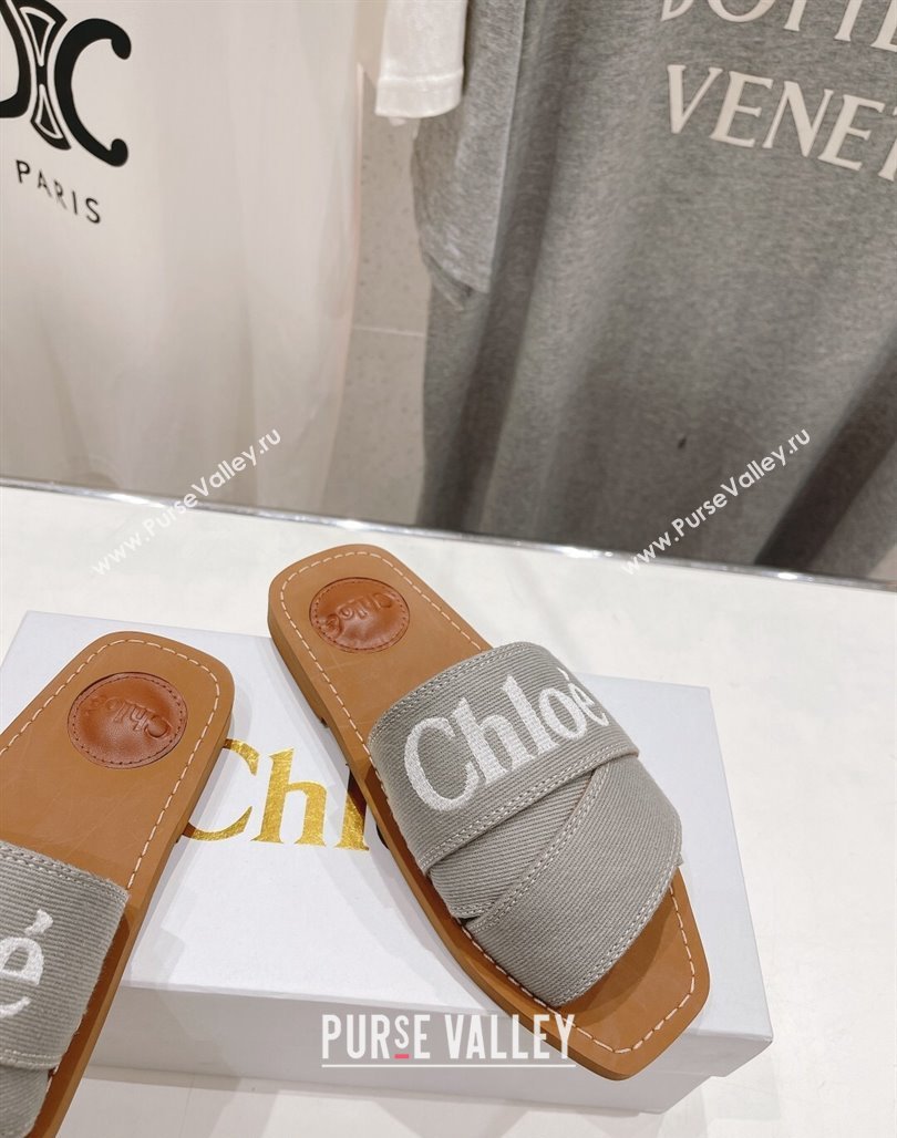 Chloe Woody Flat Slide Sandals with Embroidered Strap Denim Grey 2 2024 (MD-240227123)