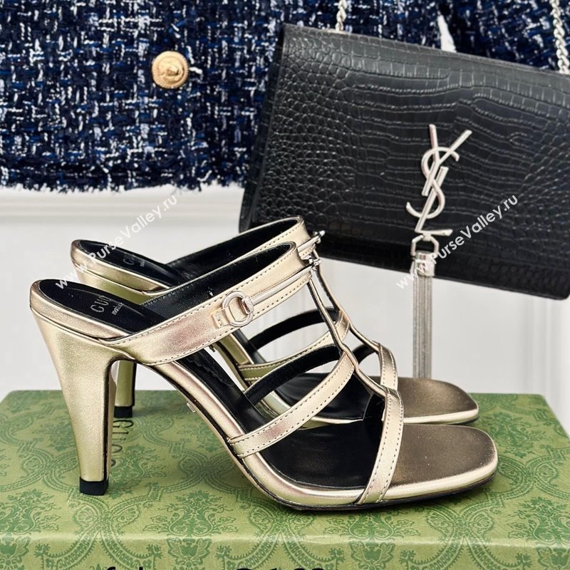 Gucci Slim Horsebit Leather Heel Slide Sandals 9.5cm Gold 2024 (MD-240228013)