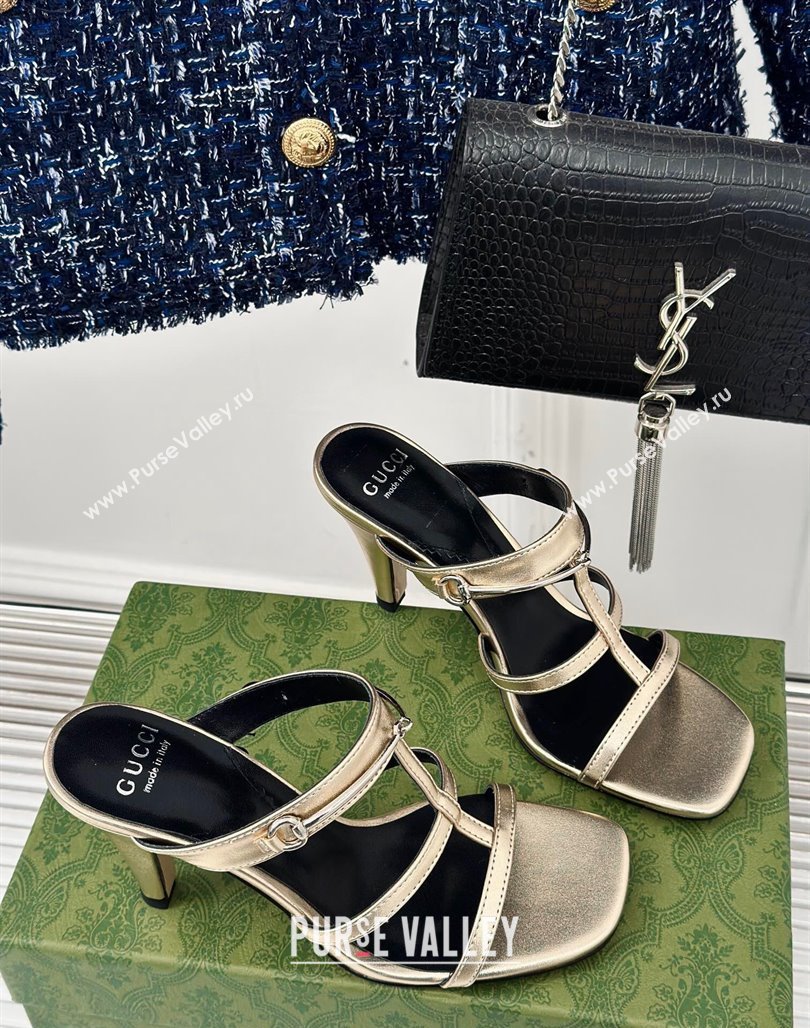 Gucci Slim Horsebit Leather Heel Slide Sandals 9.5cm Gold 2024 (MD-240228013)