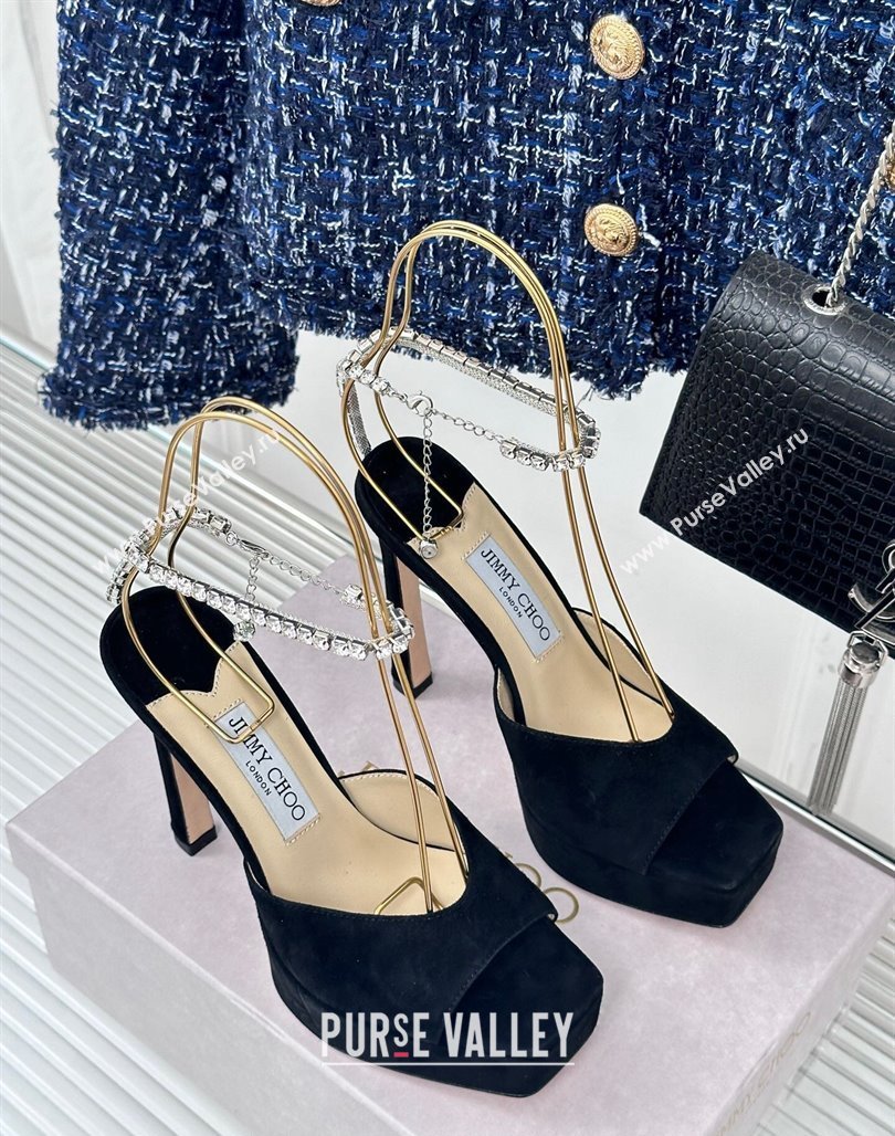Jimmy Choo Saeda Sandal Platform 12.5cm in Suede with Crystals Ankle Strap Black 2024 (MD-240227102)