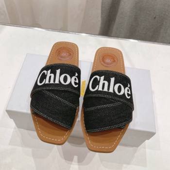 Chloe Woody Flat Slide Sandals with Embroidered Strap Denim Black/White 2 2024 (MD-240227124)