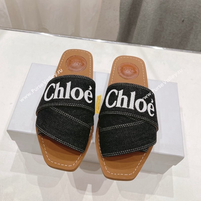 Chloe Woody Flat Slide Sandals with Embroidered Strap Denim Black/White 2 2024 (MD-240227124)