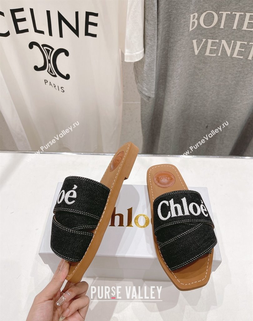 Chloe Woody Flat Slide Sandals with Embroidered Strap Denim Black/White 2 2024 (MD-240227124)