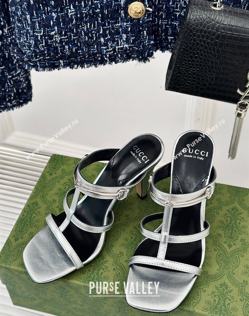 Gucci Slim Horsebit Leather Heel Slide Sandals 9.5cm Silver 2024 (MD-240228016)