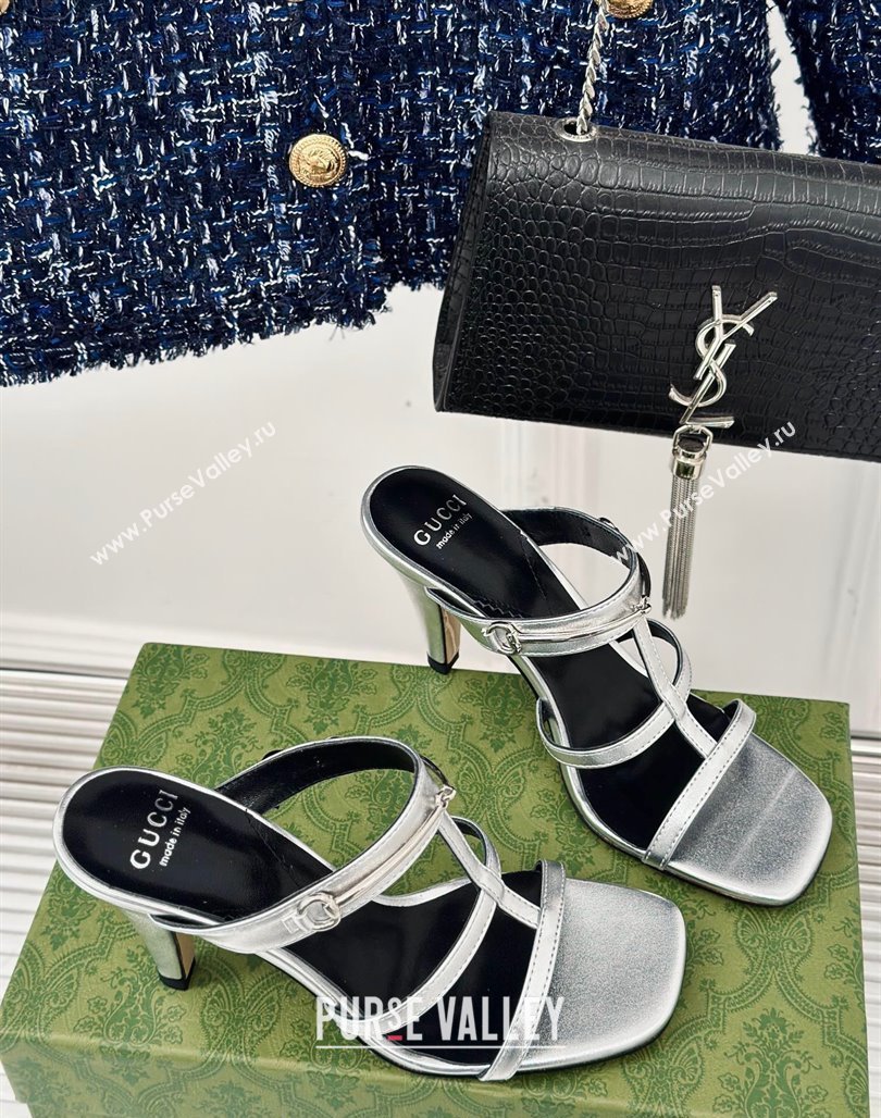 Gucci Slim Horsebit Leather Heel Slide Sandals 9.5cm Silver 2024 (MD-240228016)