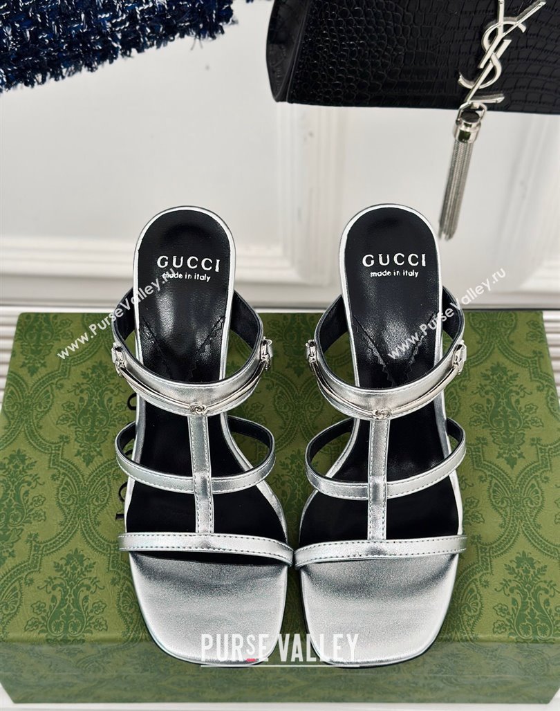 Gucci Slim Horsebit Leather Heel Slide Sandals 9.5cm Silver 2024 (MD-240228016)